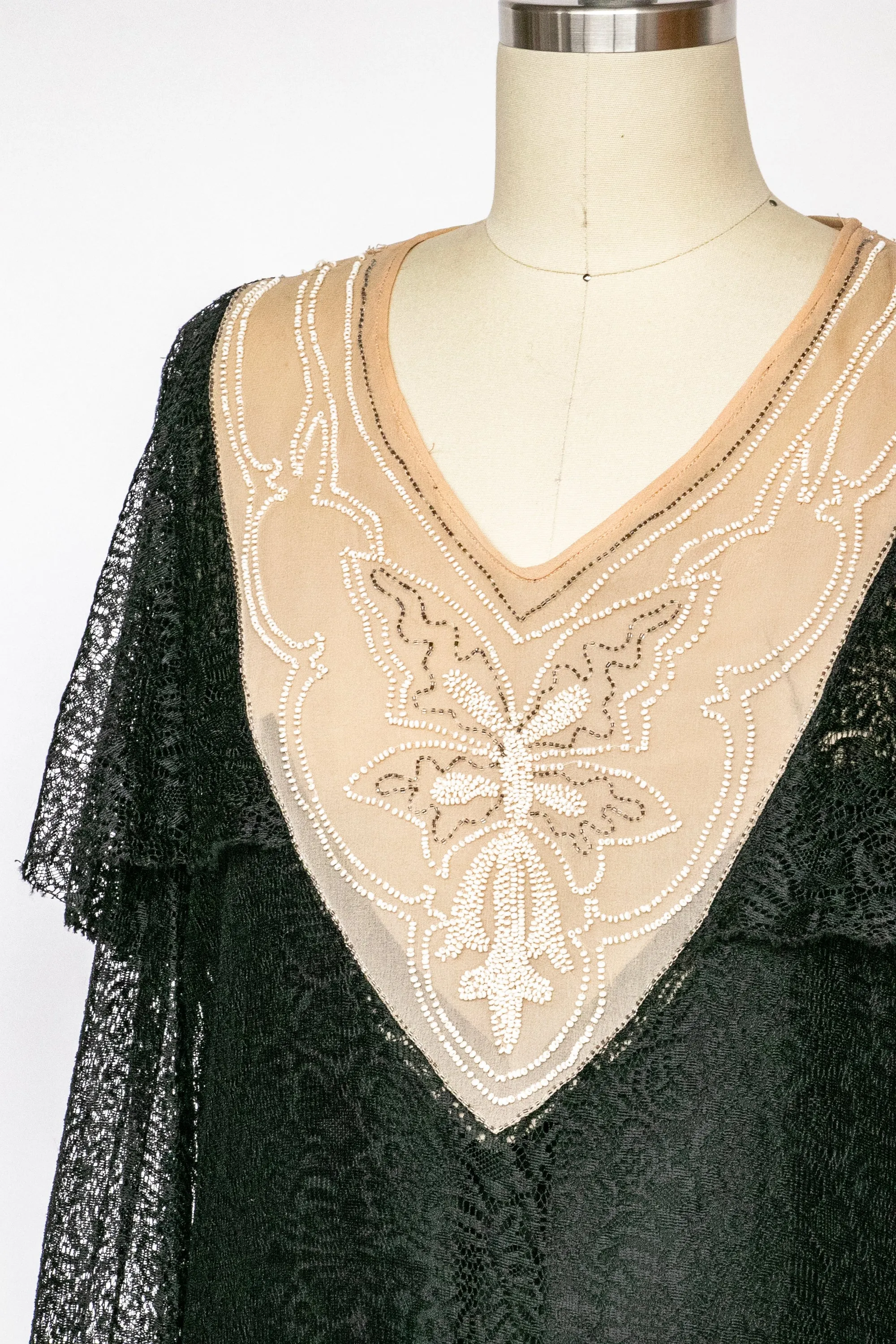 1920s Dress Black Lace Beaded Illusion Deco S