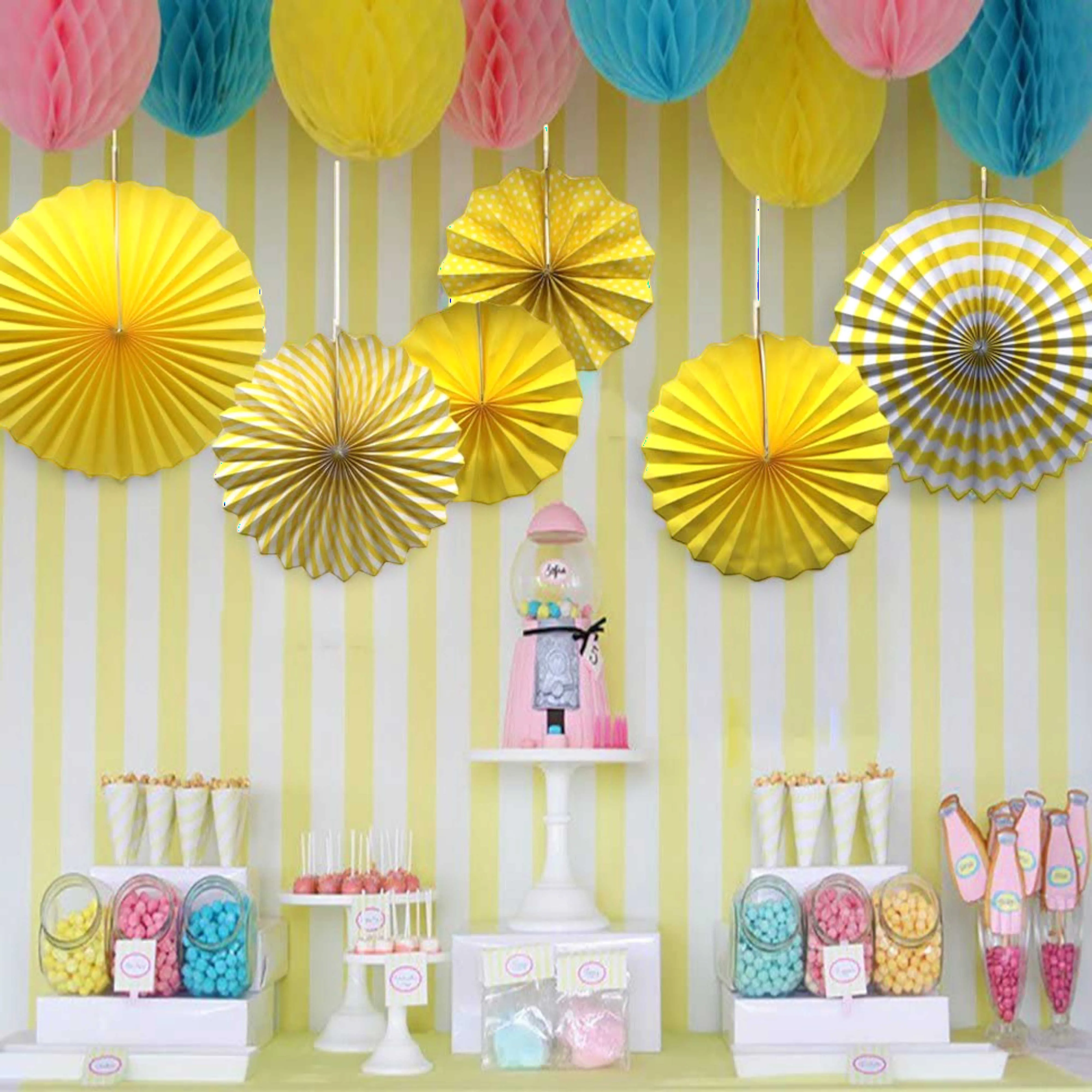 6 Pcs Round Shape Japanese Decorative Backdrop Paper Hanging Fan Set For Party Wedding or Decor