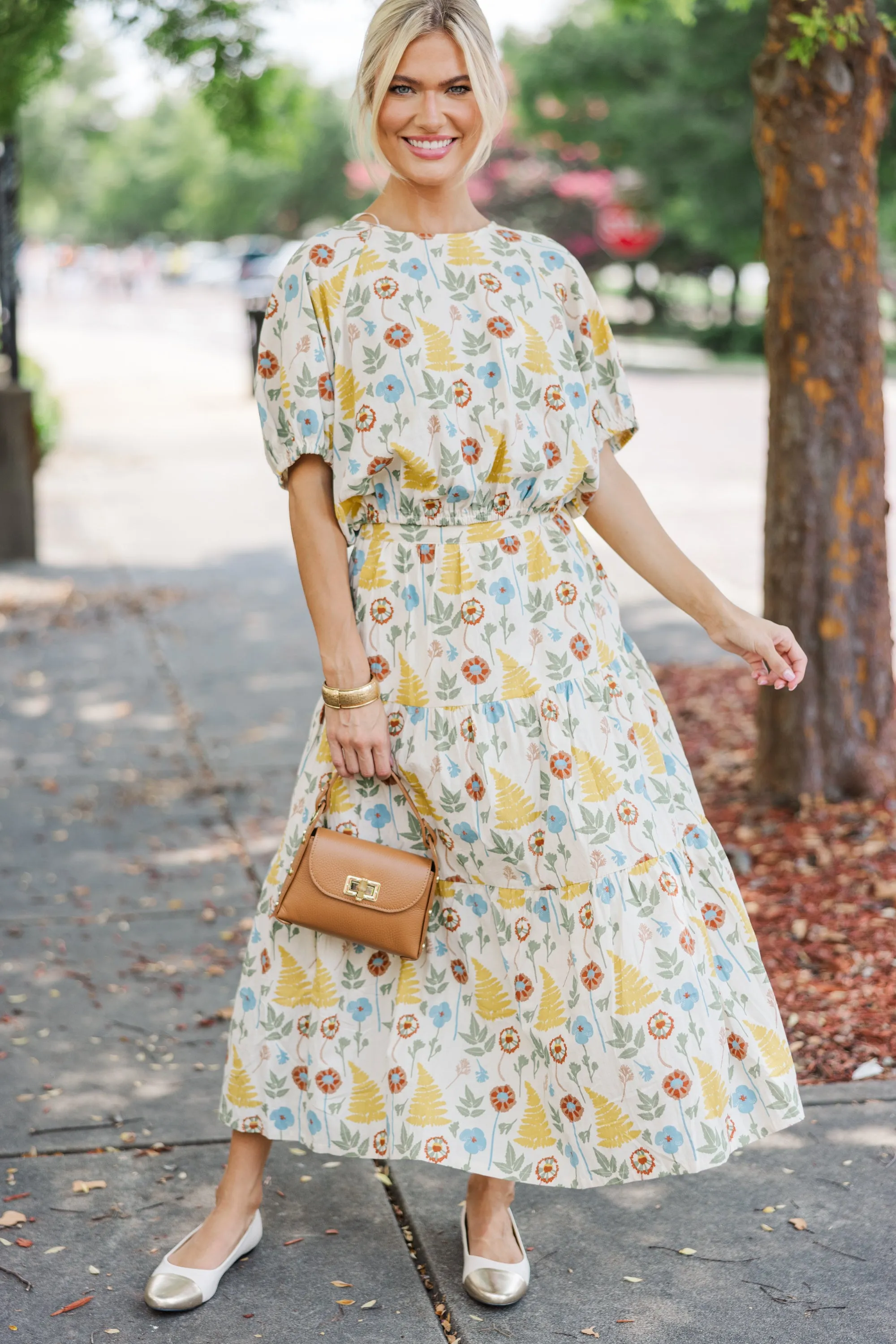 All I Need Natural Floral Midi Skirt