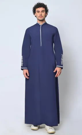 Arabic Elegance Men's Embroidered Navy Thobe With Pockets