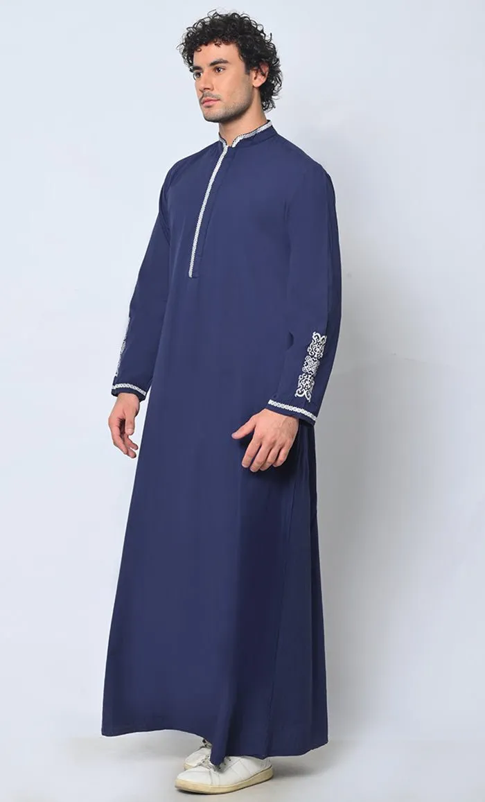 Arabic Elegance Men's Embroidered Navy Thobe With Pockets