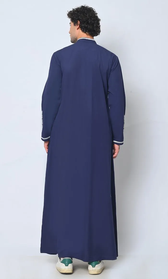 Arabic Elegance Men's Embroidered Navy Thobe With Pockets