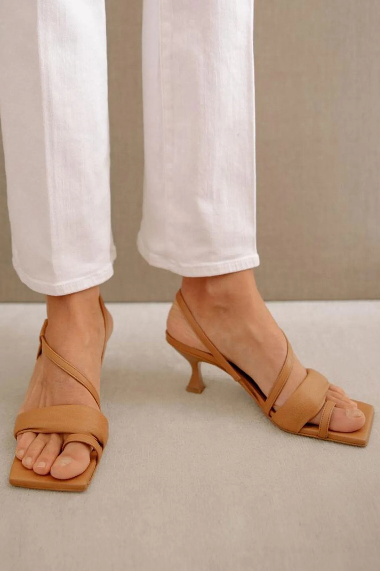 Asymmetric Leather Sandals | Camel