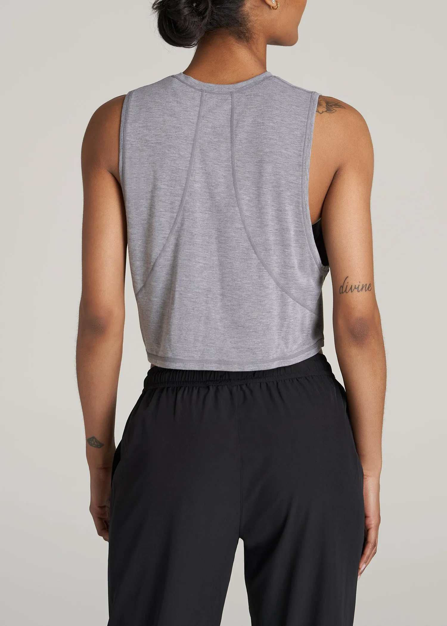 Athletic Cropped Muscle Tank Top for Tall Women in Grey Mix