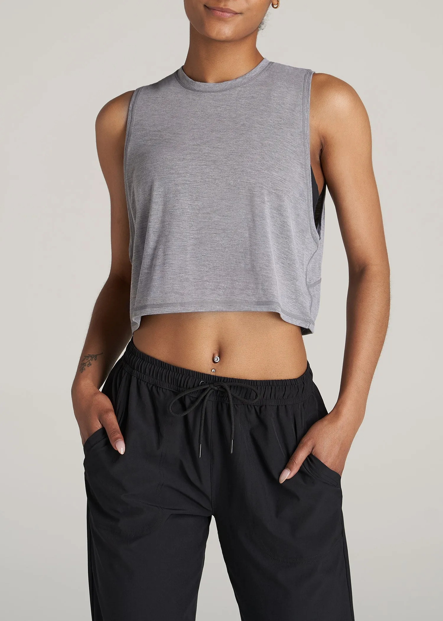 Athletic Cropped Muscle Tank Top for Tall Women in Grey Mix