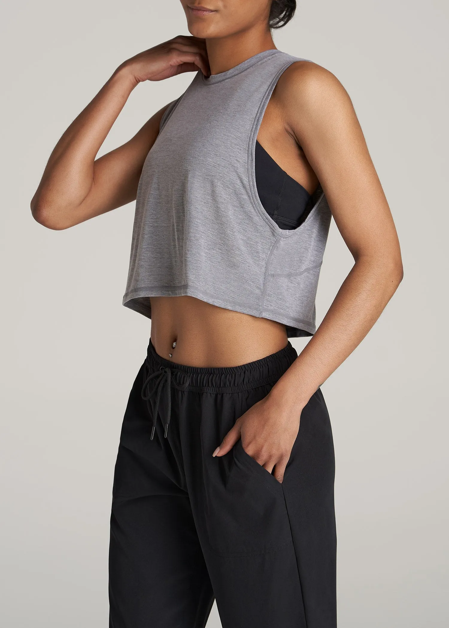 Athletic Cropped Muscle Tank Top for Tall Women in Grey Mix