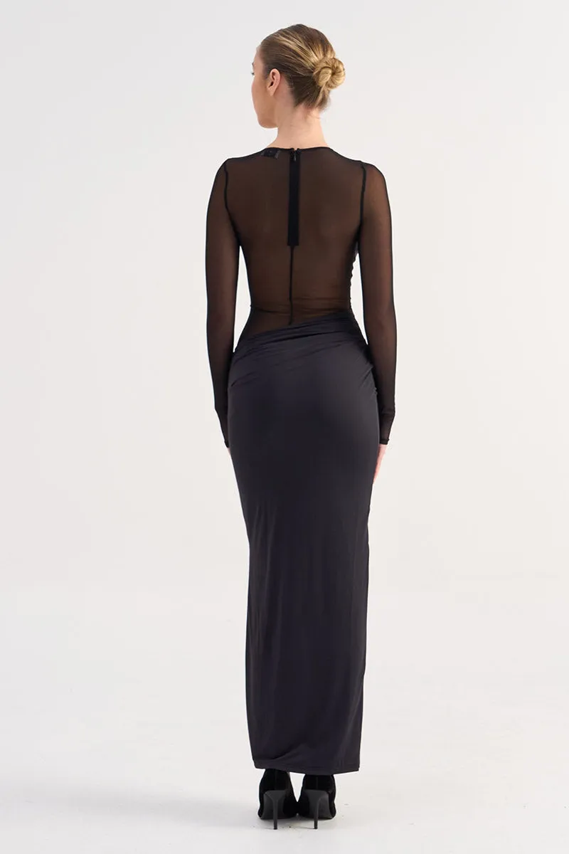 Auguste Long Sleeve Mesh Jersey Maxi - Black