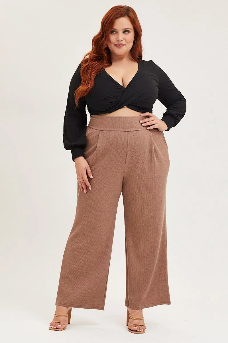 Beige Rib Jersey Wide Leg Beige Pant