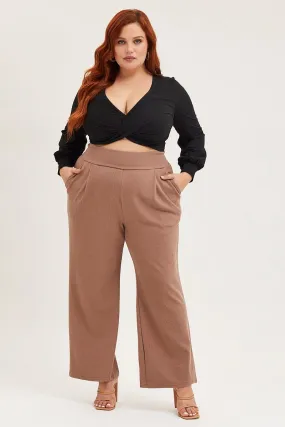 Beige Rib Jersey Wide Leg Beige Pant