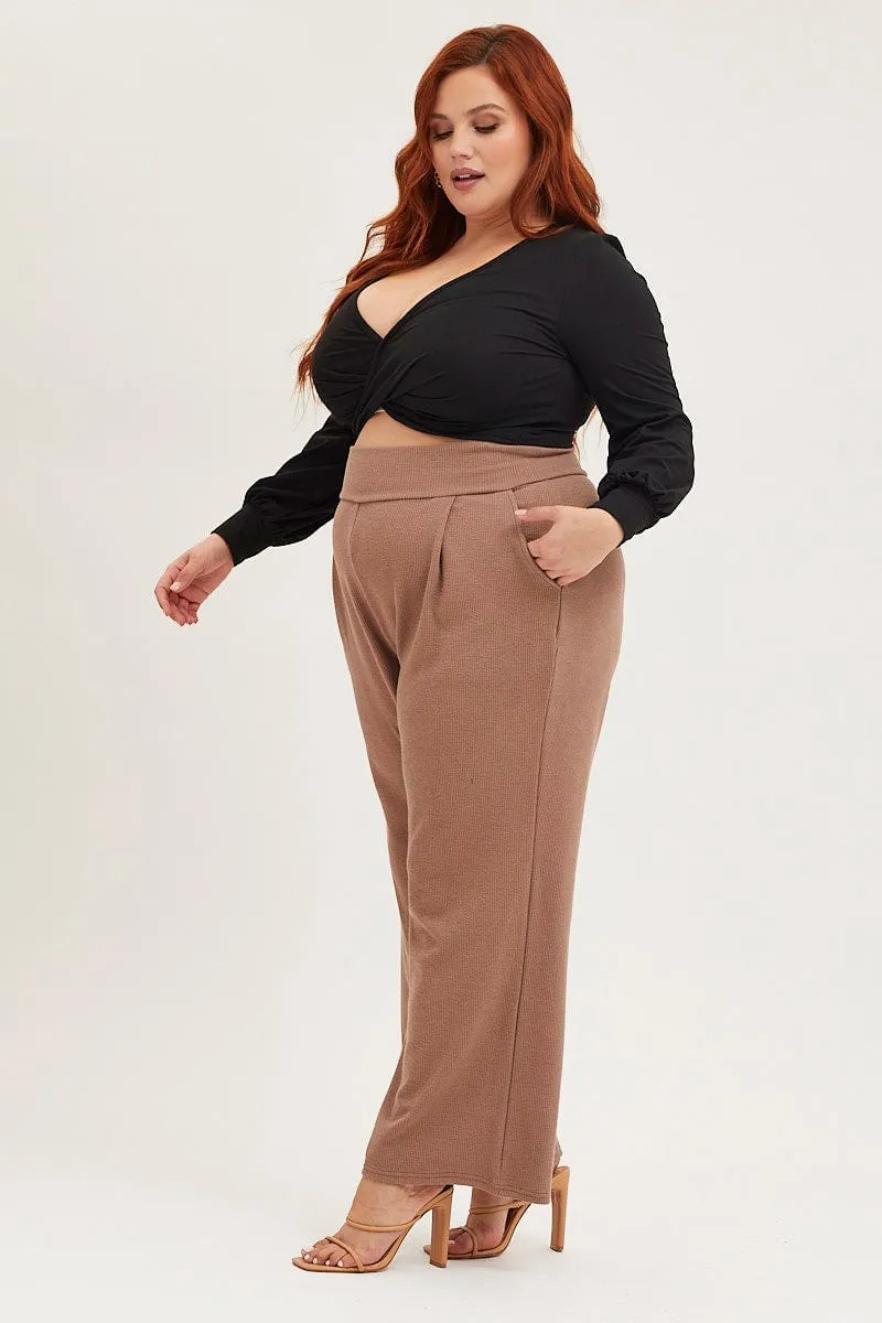 Beige Rib Jersey Wide Leg Beige Pant