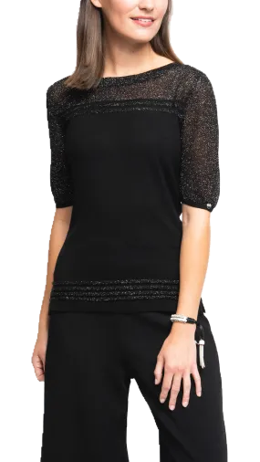 Bella Short Sleeved Top with See-Through Detail on Shoulders and Sleeves; Black/ Black Shimmer