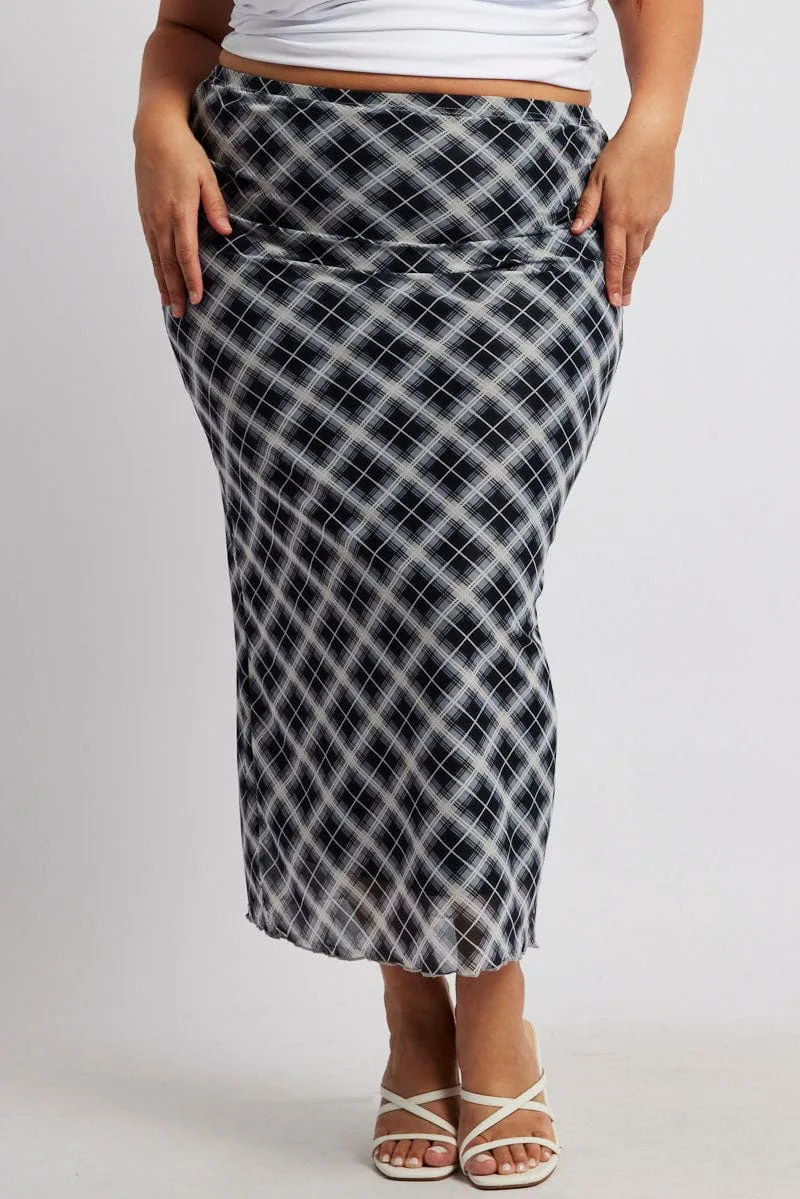 Black Check Plaid Mesh Bodycon Midi Skirt