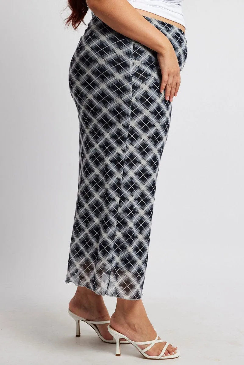 Black Check Plaid Mesh Bodycon Midi Skirt