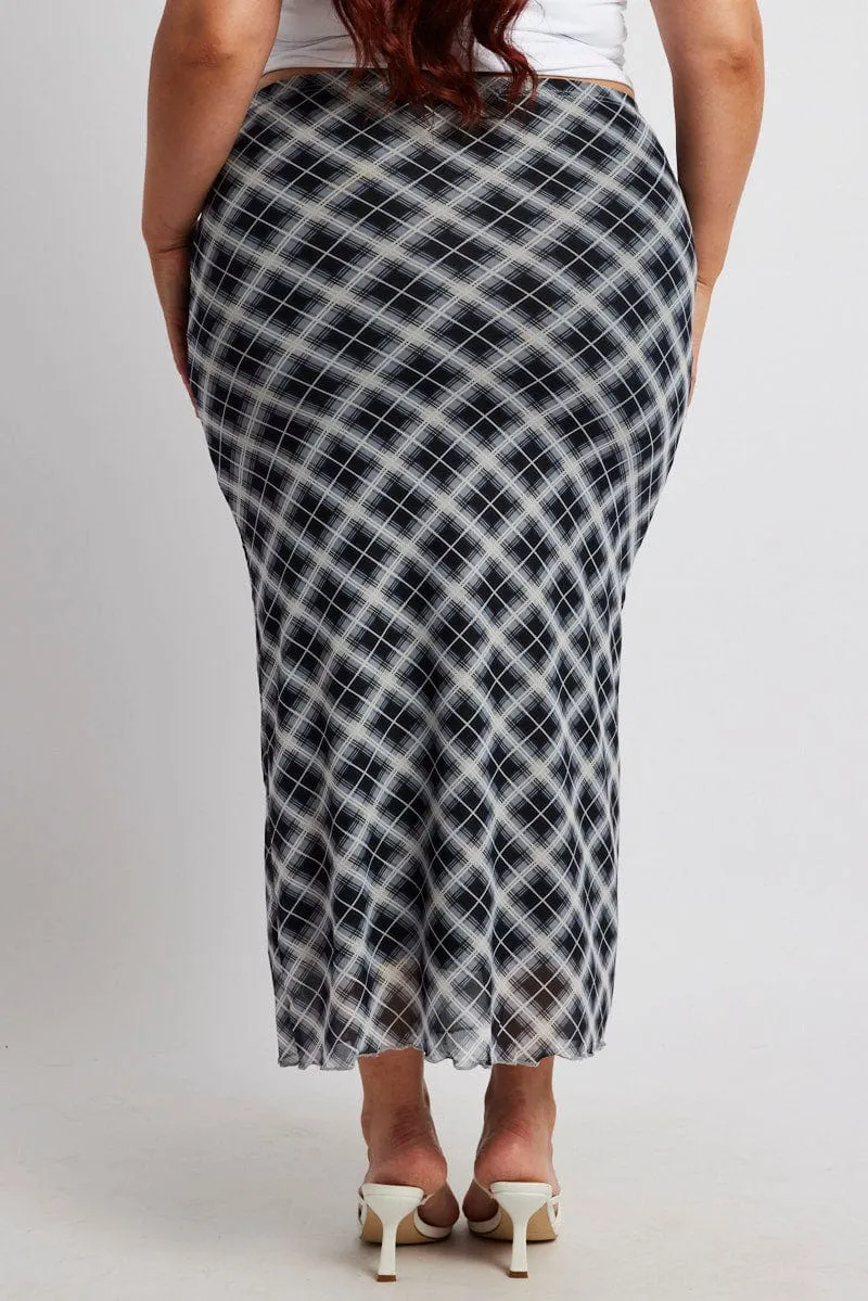 Black Check Plaid Mesh Bodycon Midi Skirt