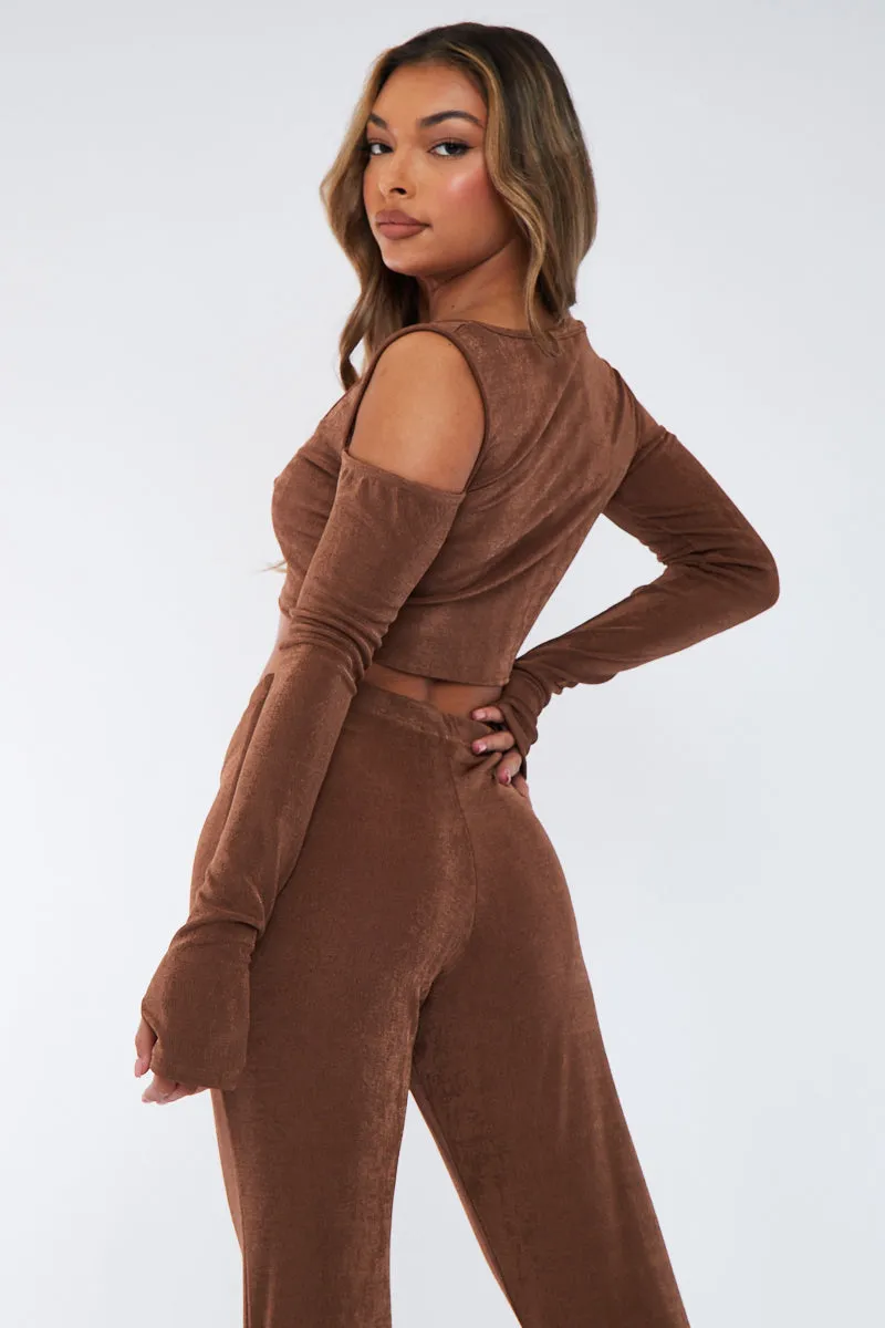 Brown Acetate Slinky Bardot Crop Top - Arden