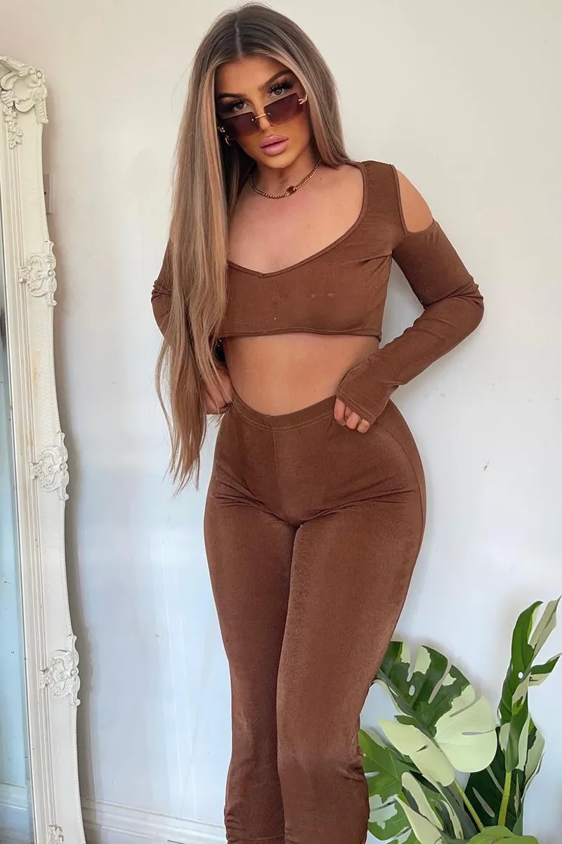 Brown Acetate Slinky Bardot Crop Top - Arden