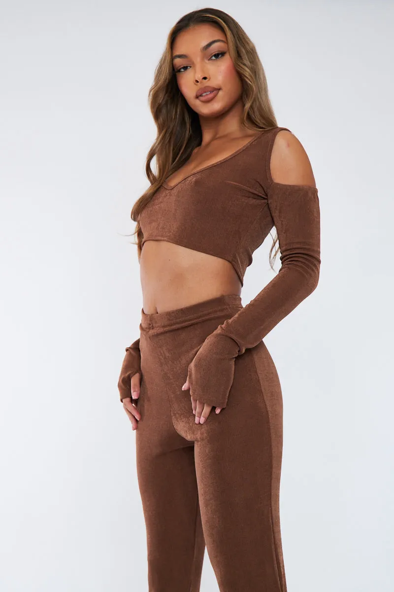 Brown Acetate Slinky Bardot Crop Top - Arden