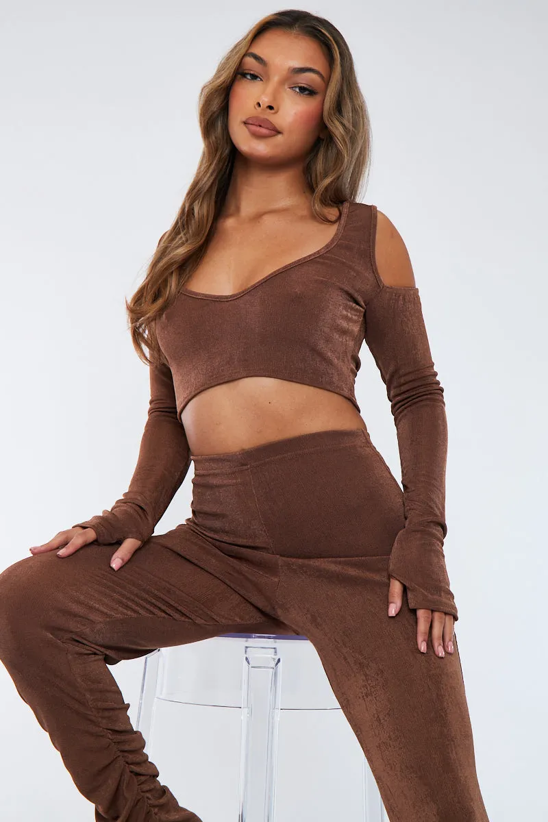 Brown Acetate Slinky Bardot Crop Top - Arden