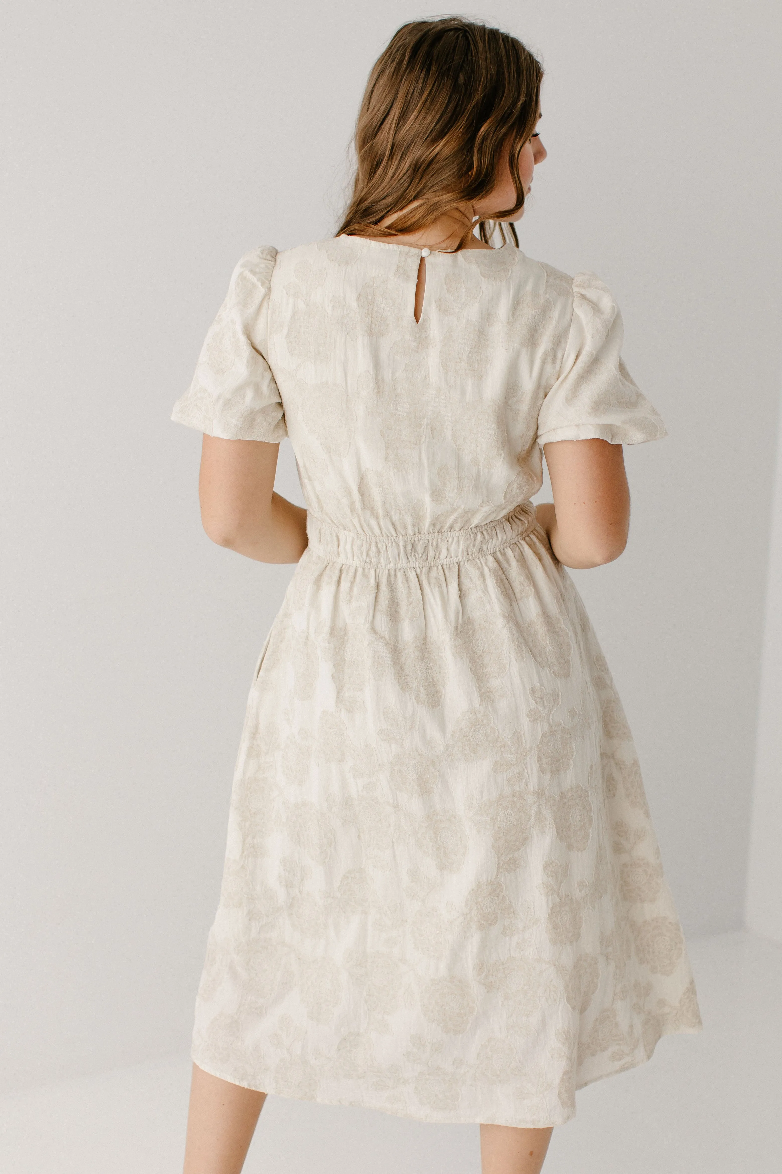 'Caliste' Floral Jacquard Linen Blend Midi Dress in Natural