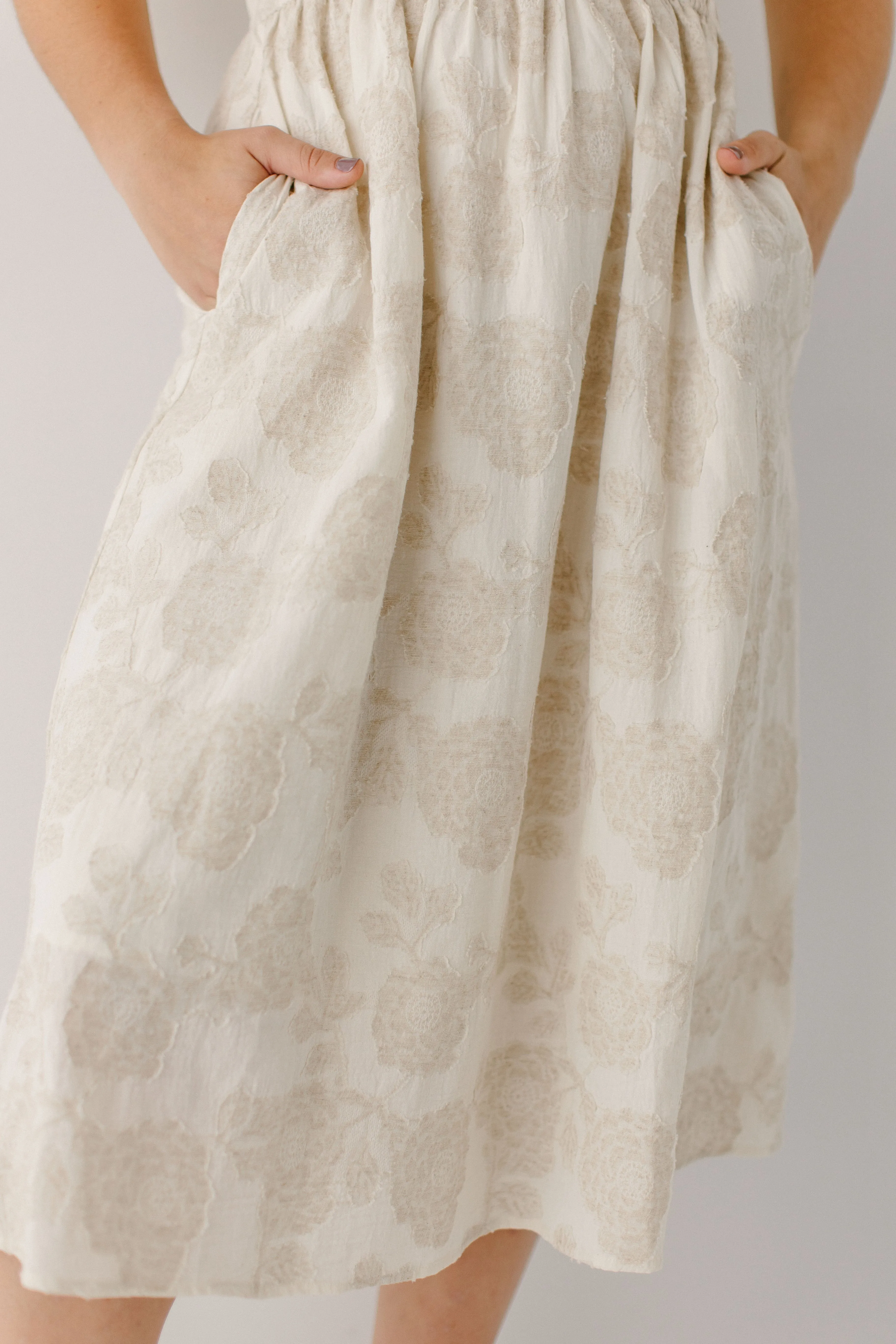 'Caliste' Floral Jacquard Linen Blend Midi Dress in Natural