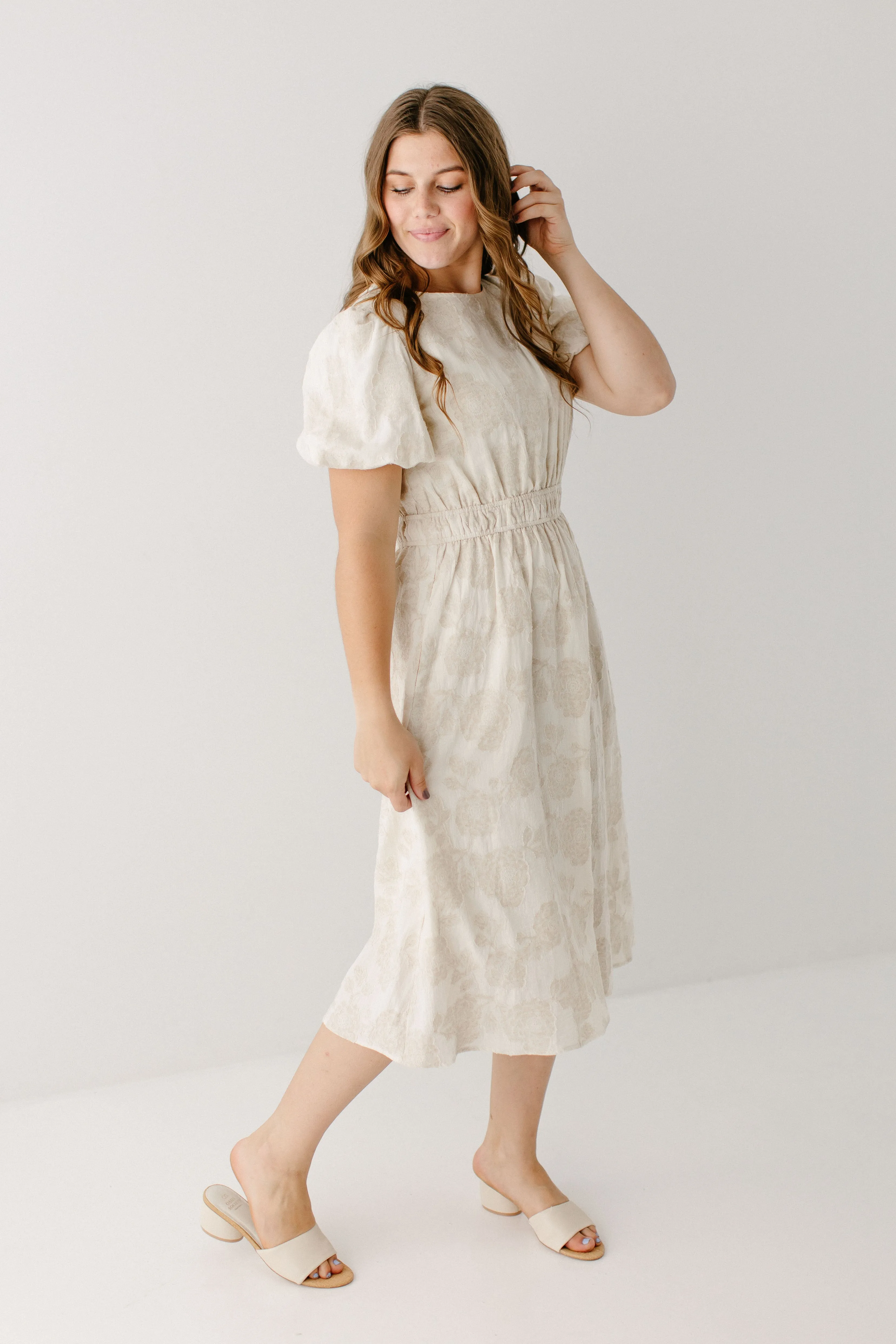 'Caliste' Floral Jacquard Linen Blend Midi Dress in Natural