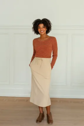 'Chamberlain' Tie Waist Knit Midi Skirt in Beige