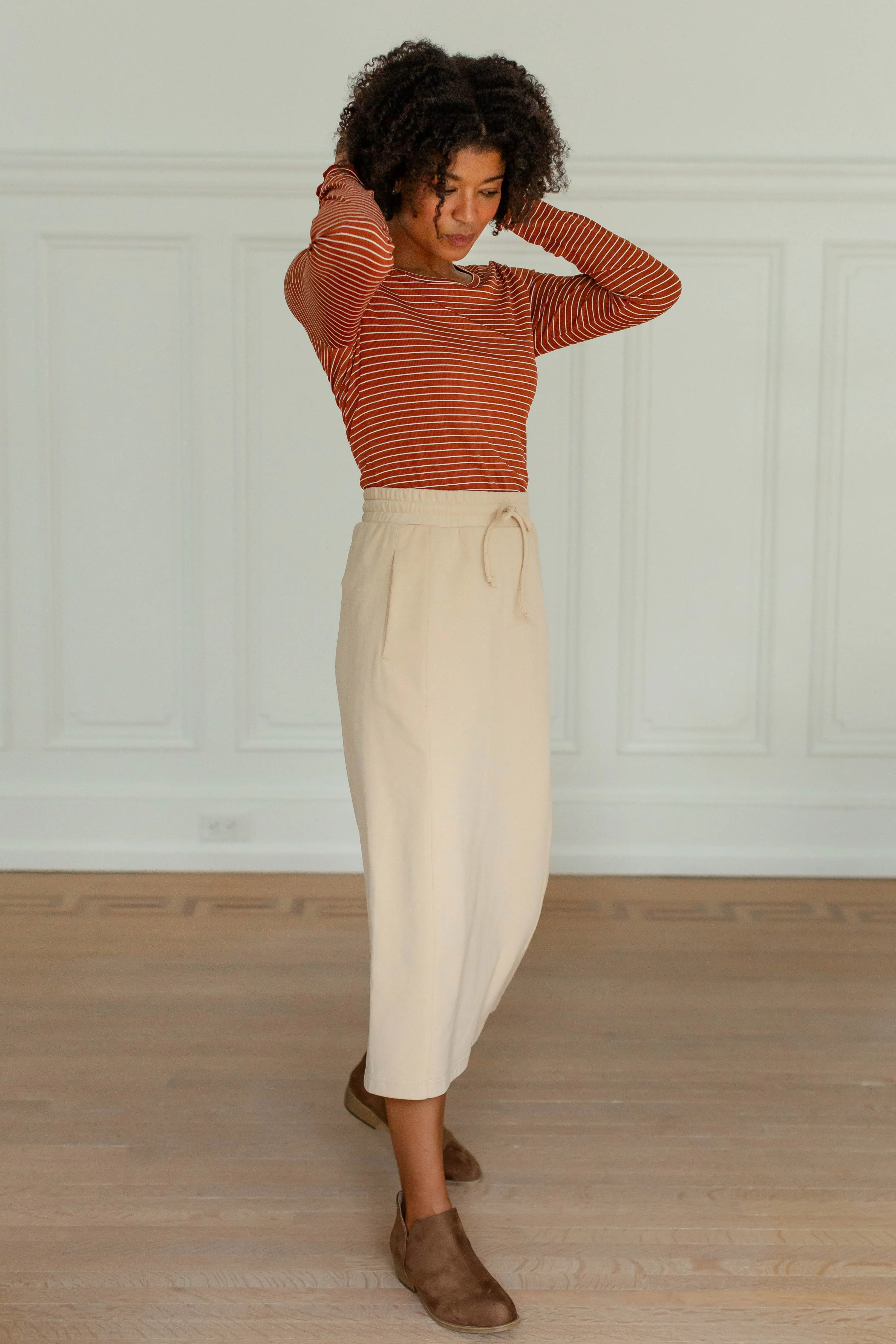 'Chamberlain' Tie Waist Knit Midi Skirt in Beige