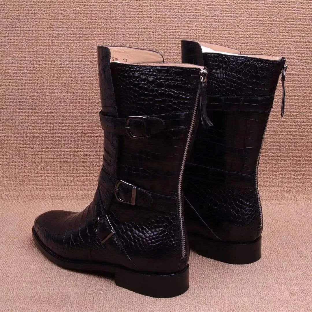 Crocodile Boots,Crocodile Leather Boots, Crocodile Leather Long Lace Up Boots