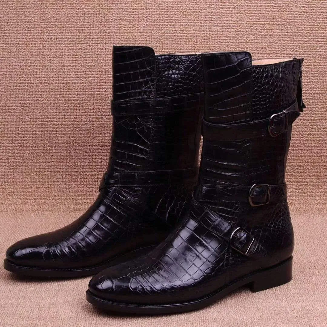 Crocodile Boots,Crocodile Leather Boots, Crocodile Leather Long Lace Up Boots