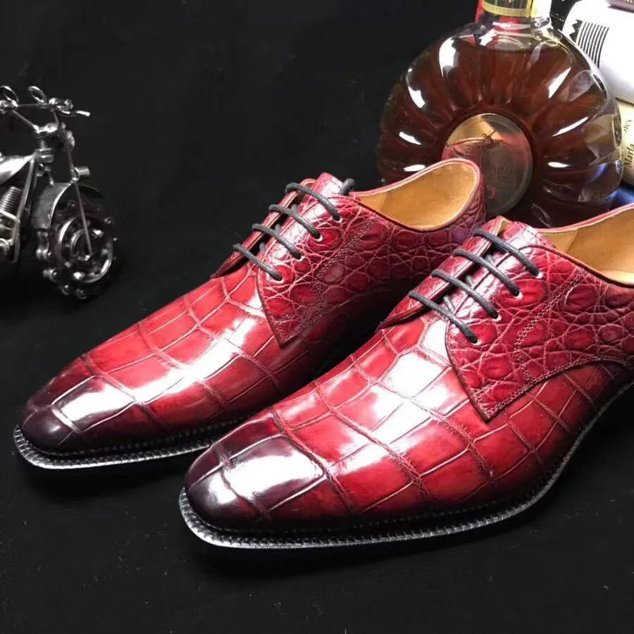 Crocodile Shoes Burnished Burgundy Crocodile Belly  Leather Lace-Up Shoes For Men