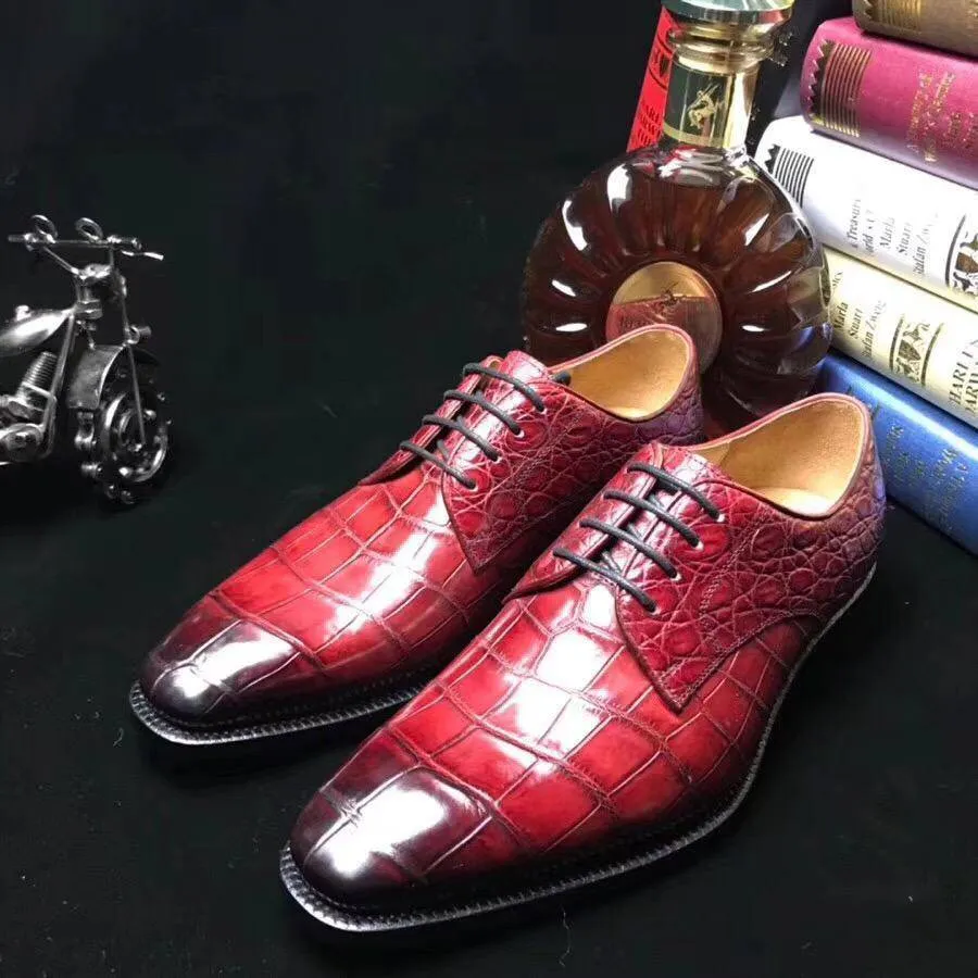 Crocodile Shoes Burnished Burgundy Crocodile Belly  Leather Lace-Up Shoes For Men