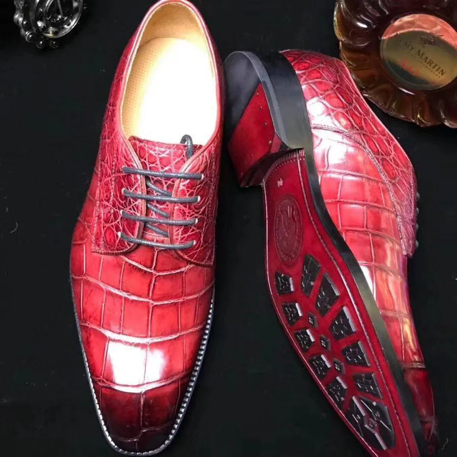 Crocodile Shoes Burnished Burgundy Crocodile Belly  Leather Lace-Up Shoes For Men