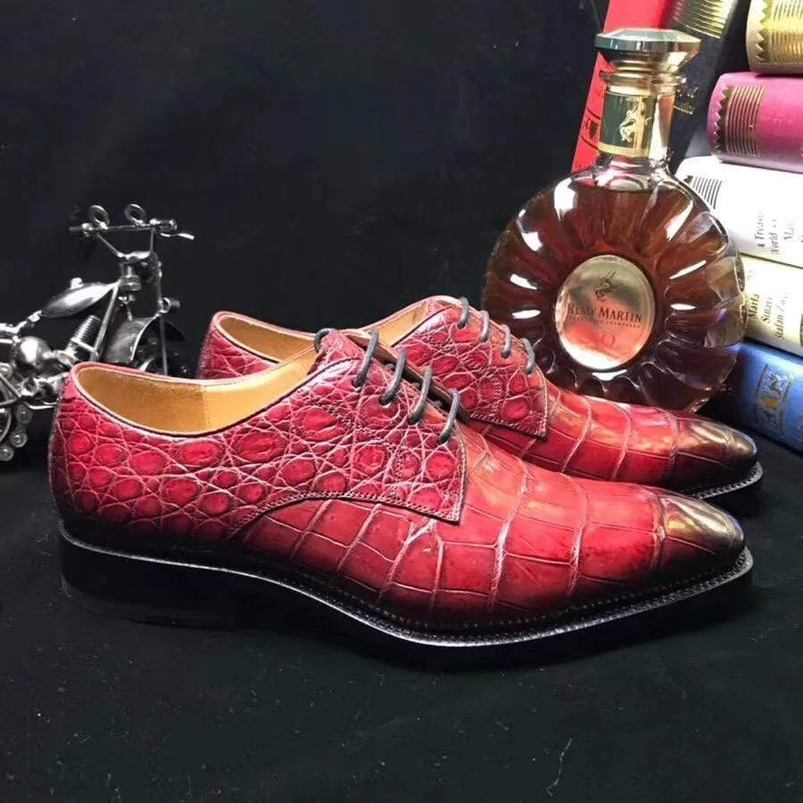 Crocodile Shoes Burnished Burgundy Crocodile Belly  Leather Lace-Up Shoes For Men