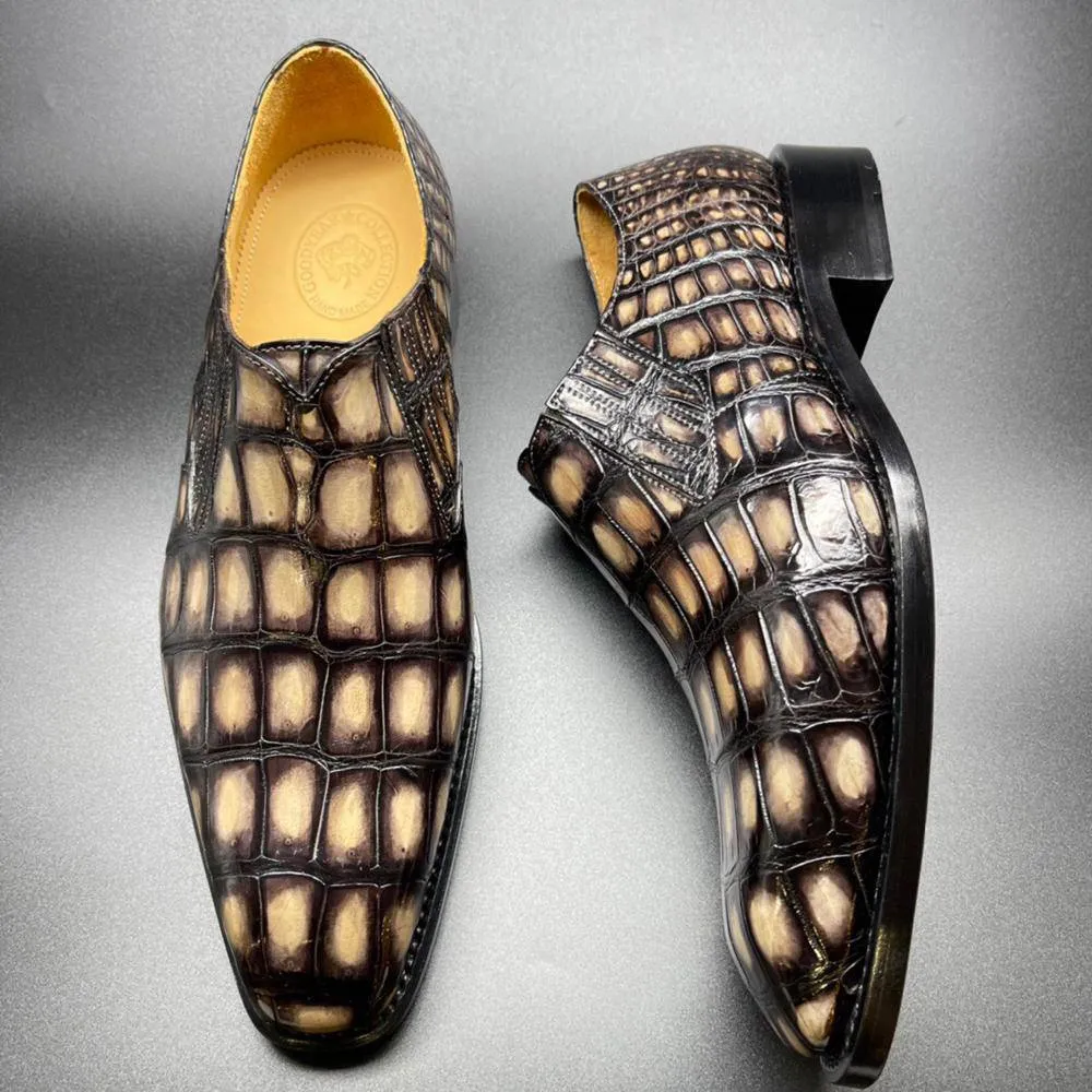 Crocodile Shoes Genuine Crocodile Leather Mens Penny Loafers Dress Shoes Hand Painted Vintage Yellow