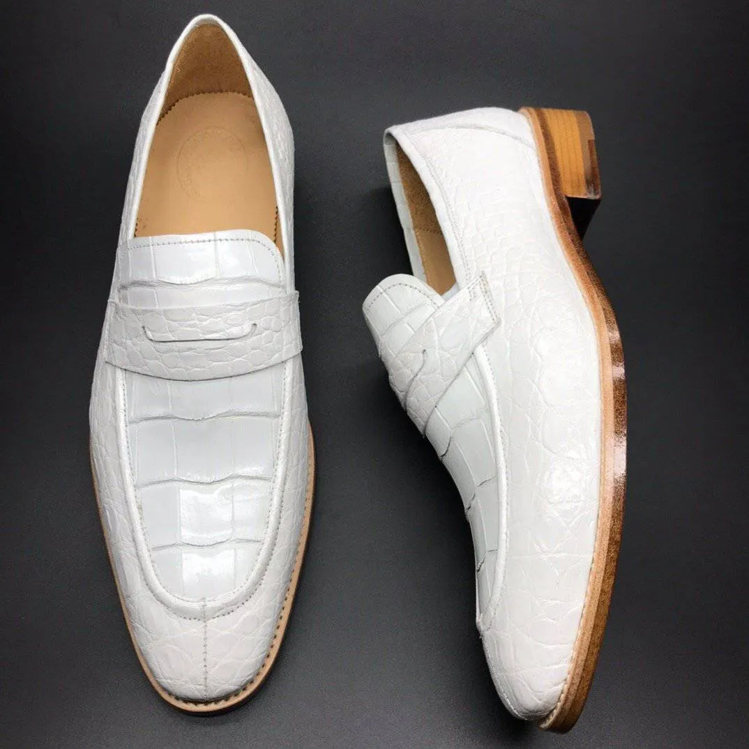 Crocodile Shoes Genuine Crocodile Leather Mens Penny Loafers Dress Shoes White