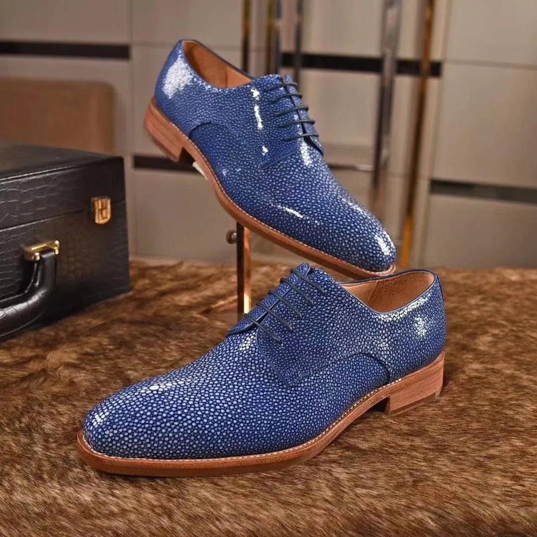 Crocodile Shoes GenuinePearl Stingray Leather Mens Wingtip Formal Lace up Wedding Office Shoes Blue