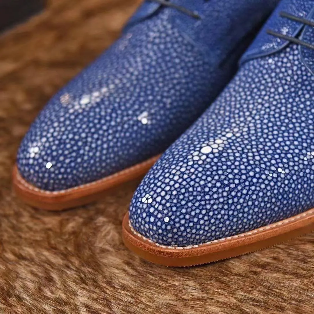 Crocodile Shoes GenuinePearl Stingray Leather Mens Wingtip Formal Lace up Wedding Office Shoes Blue