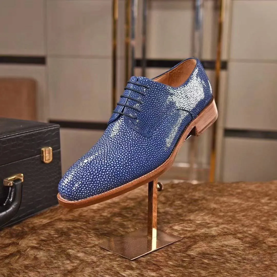 Crocodile Shoes GenuinePearl Stingray Leather Mens Wingtip Formal Lace up Wedding Office Shoes Blue