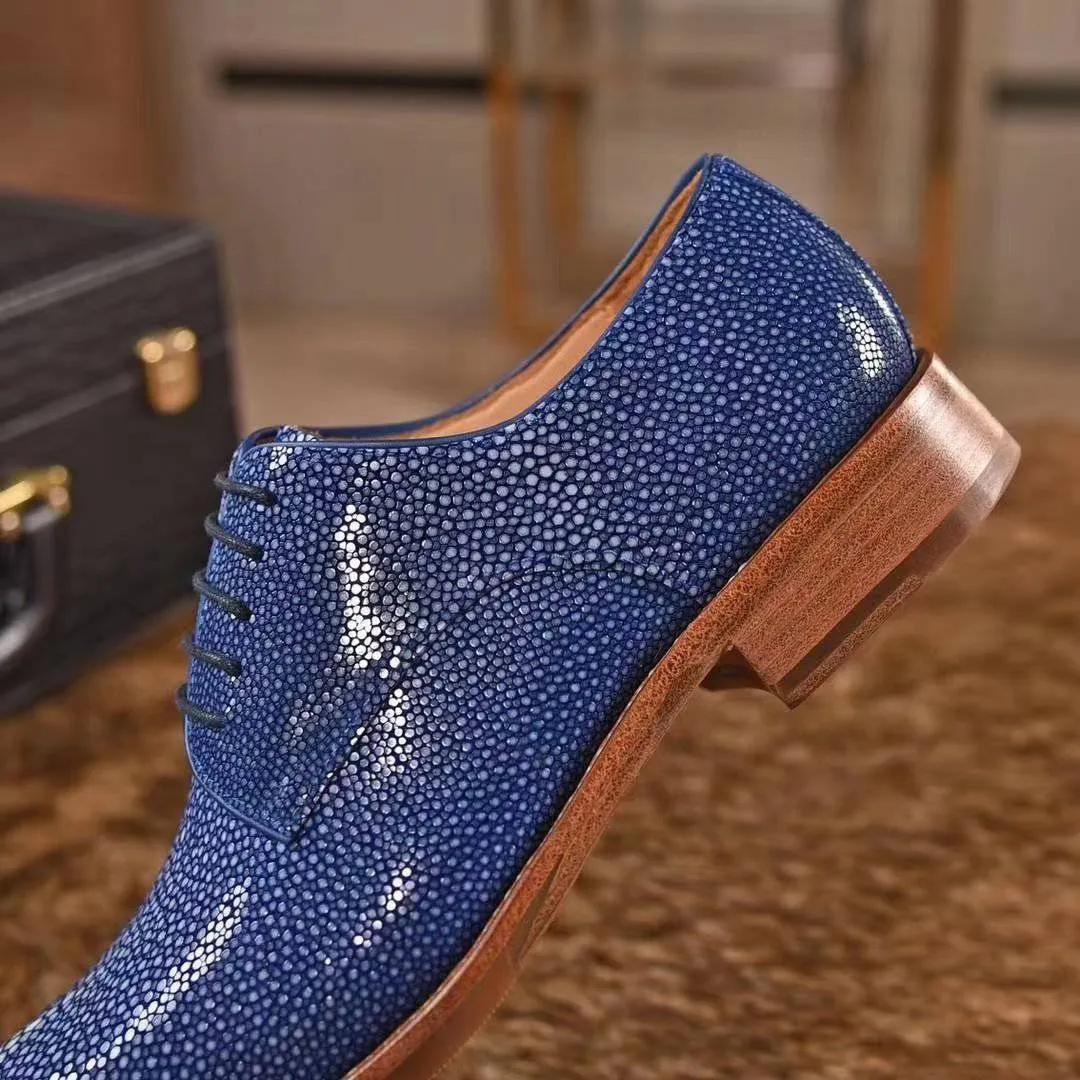 Crocodile Shoes GenuinePearl Stingray Leather Mens Wingtip Formal Lace up Wedding Office Shoes Blue