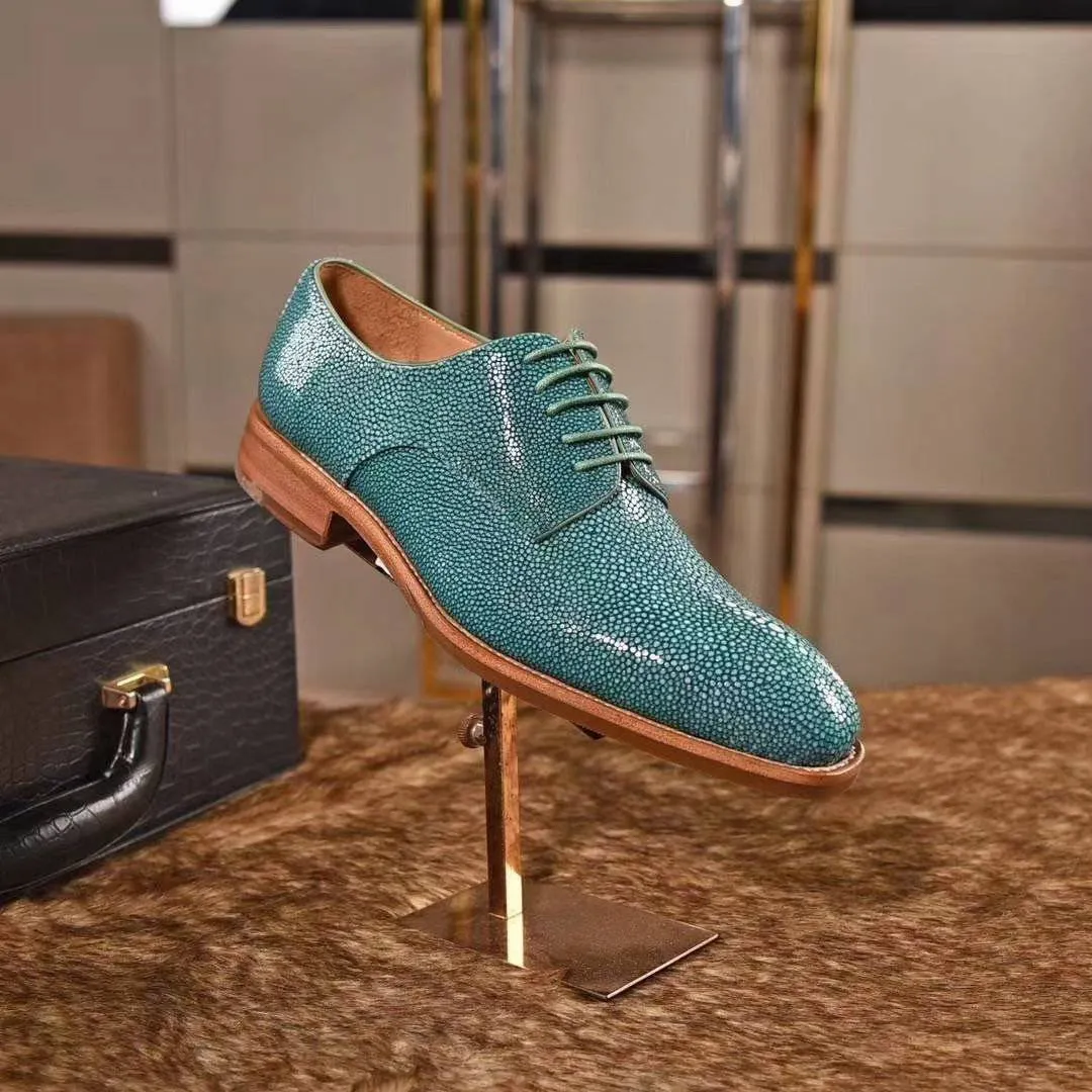 Crocodile Shoes GenuinePearl Stingray Leather Mens Wingtip Formal Lace up Wedding Office Shoes Green