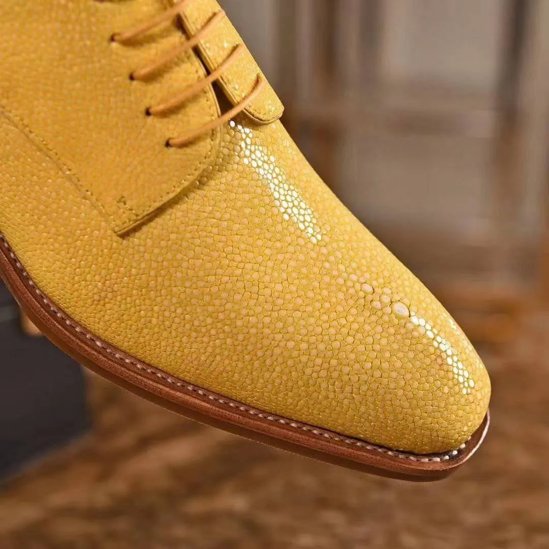 Crocodile Shoes GenuinePearl Stingray Leather Mens Wingtip Formal Lace up Wedding Office Shoes Yellow