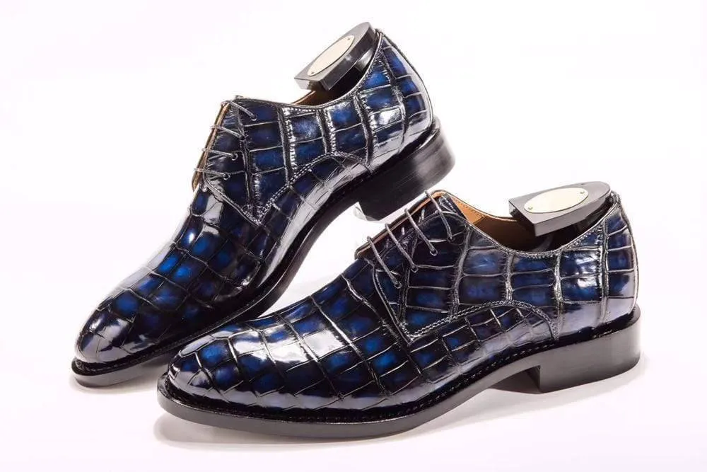 Crocodile Shoes Handmade Men Crocodile Leather Lace-Up Shoes,Mens Dark Blue Crocodile Leather Dress Shoes