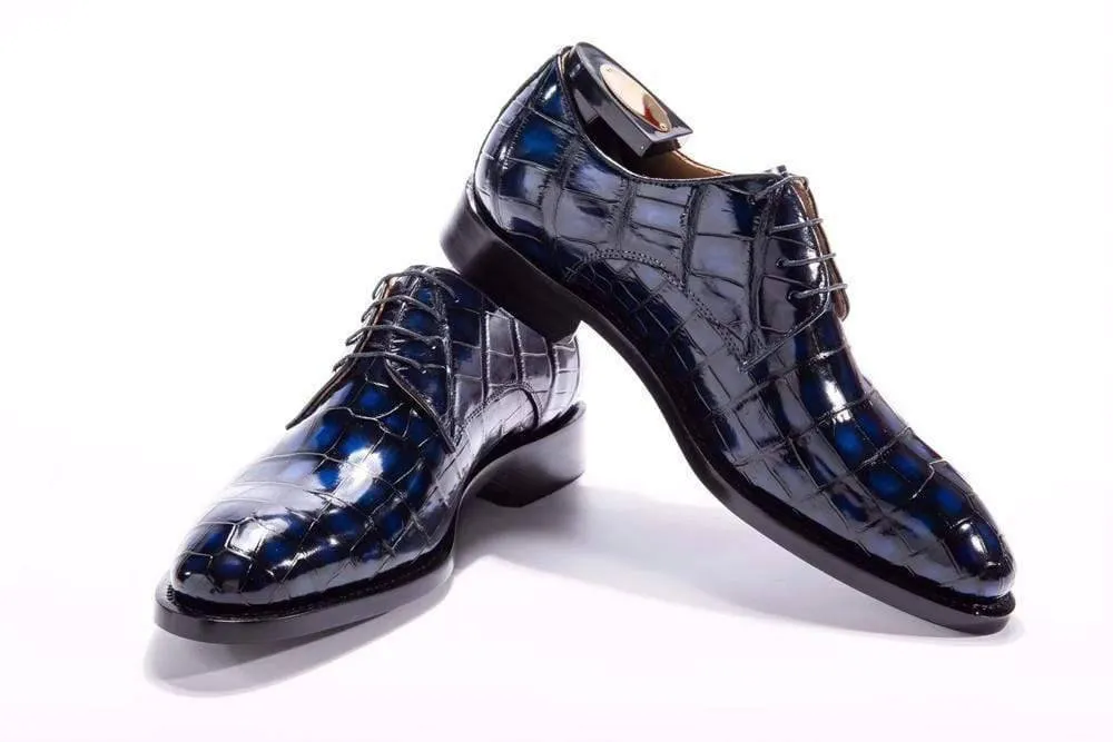 Crocodile Shoes Handmade Men Crocodile Leather Lace-Up Shoes,Mens Dark Blue Crocodile Leather Dress Shoes