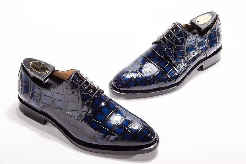 Crocodile Shoes Handmade Men Crocodile Leather Lace-Up Shoes,Mens Dark Blue Crocodile Leather Dress Shoes