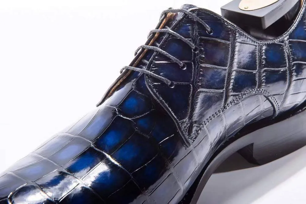 Crocodile Shoes Handmade Men Crocodile Leather Lace-Up Shoes,Mens Dark Blue Crocodile Leather Dress Shoes