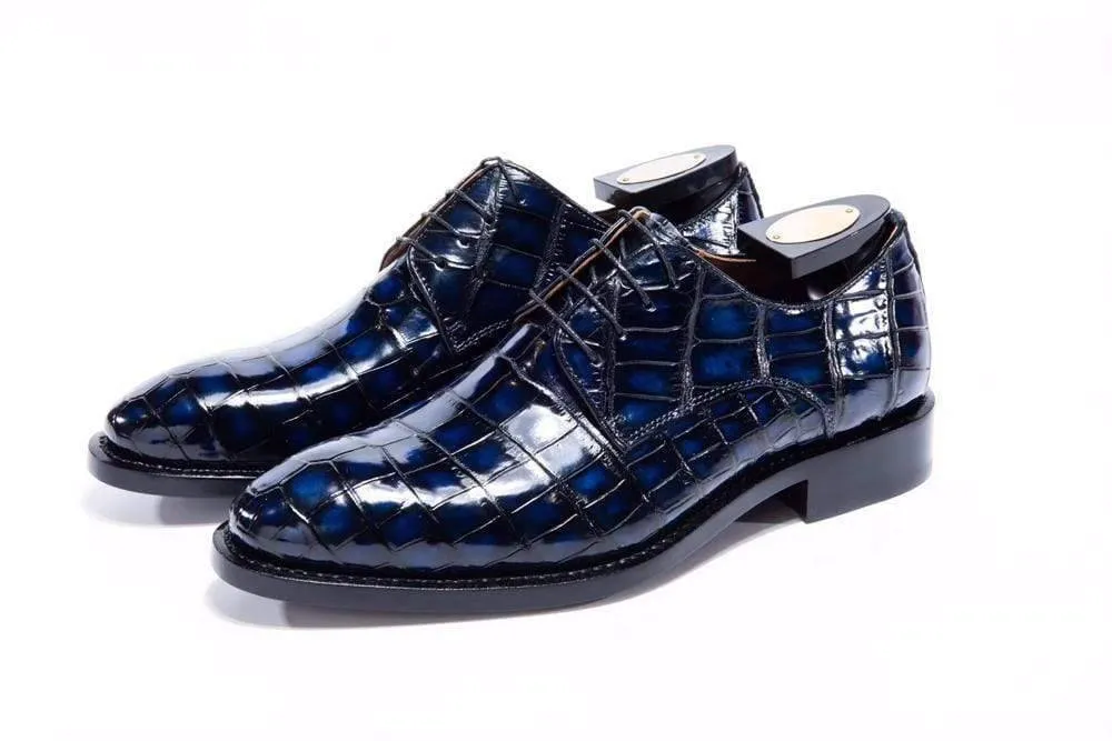 Crocodile Shoes Handmade Men Crocodile Leather Lace-Up Shoes,Mens Dark Blue Crocodile Leather Dress Shoes