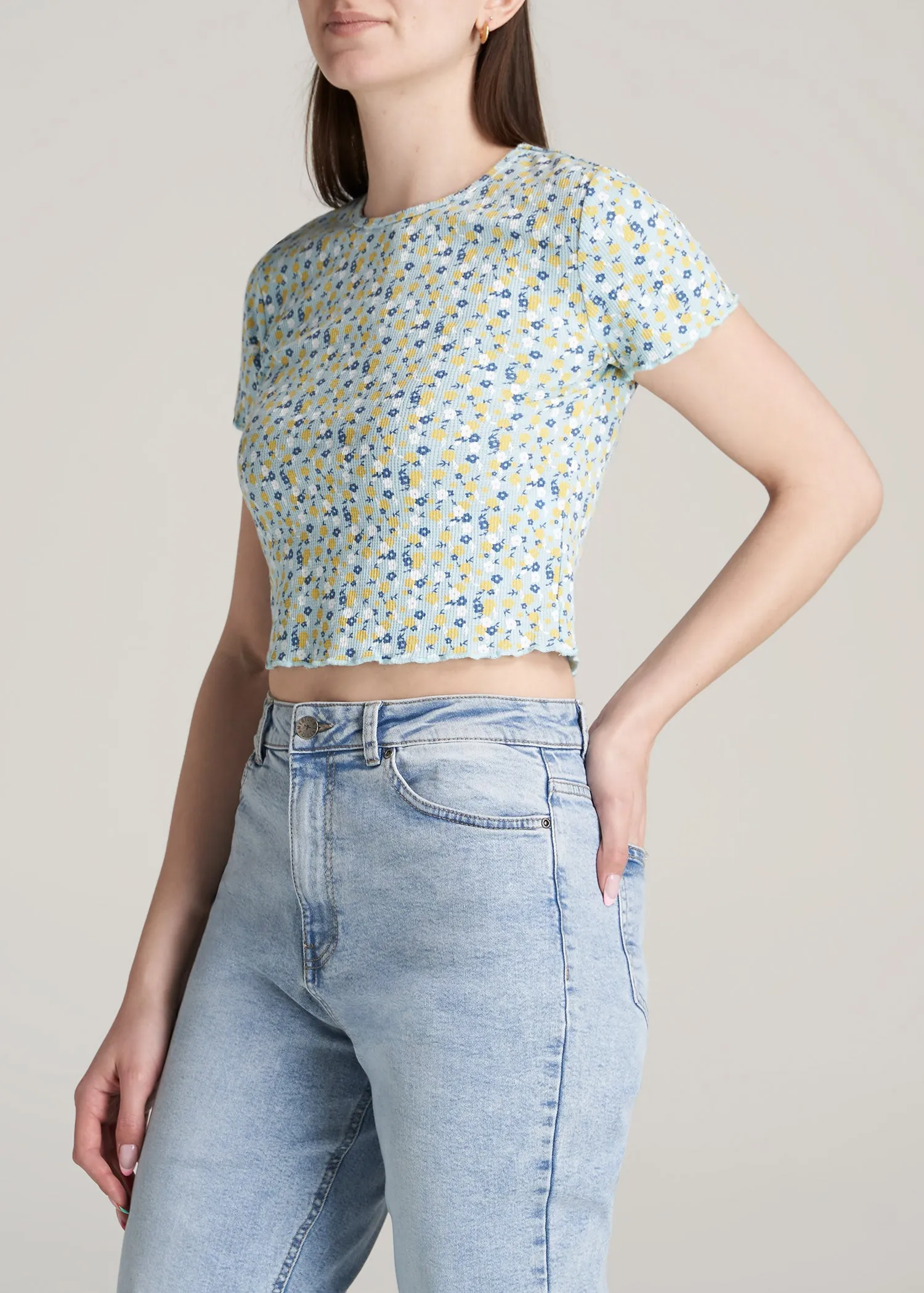 Cropped Waffle Tee in Corydalis Blue Floral - Women's Tall T-Shirts