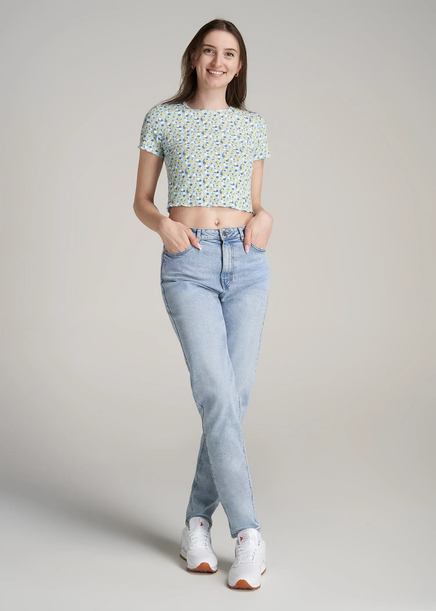 Cropped Waffle Tee in Corydalis Blue Floral - Women's Tall T-Shirts