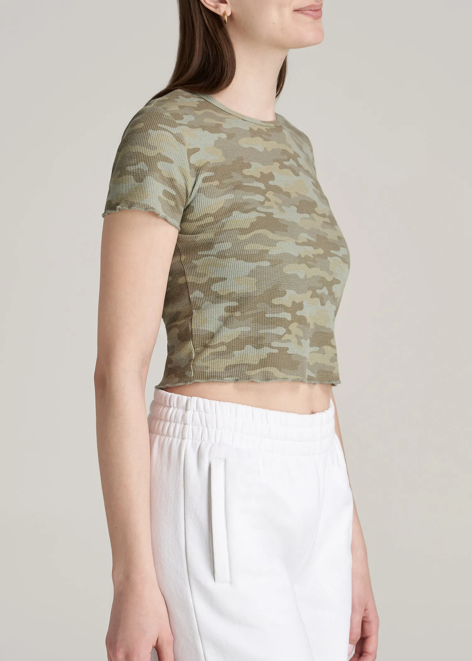 Cropped Waffle Tee in Green Camo Print - Women's Tall T-Shirts