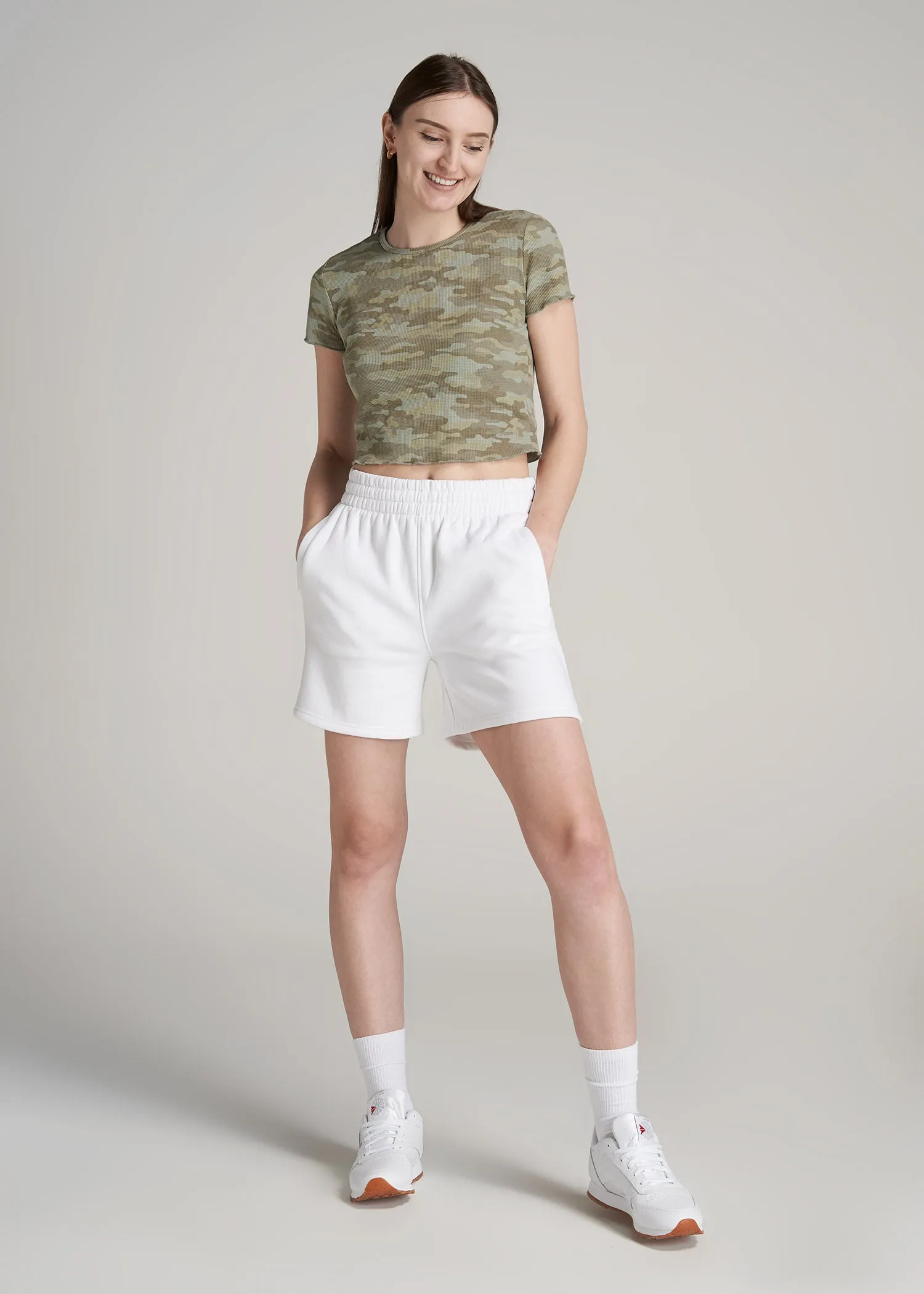 Cropped Waffle Tee in Green Camo Print - Women's Tall T-Shirts